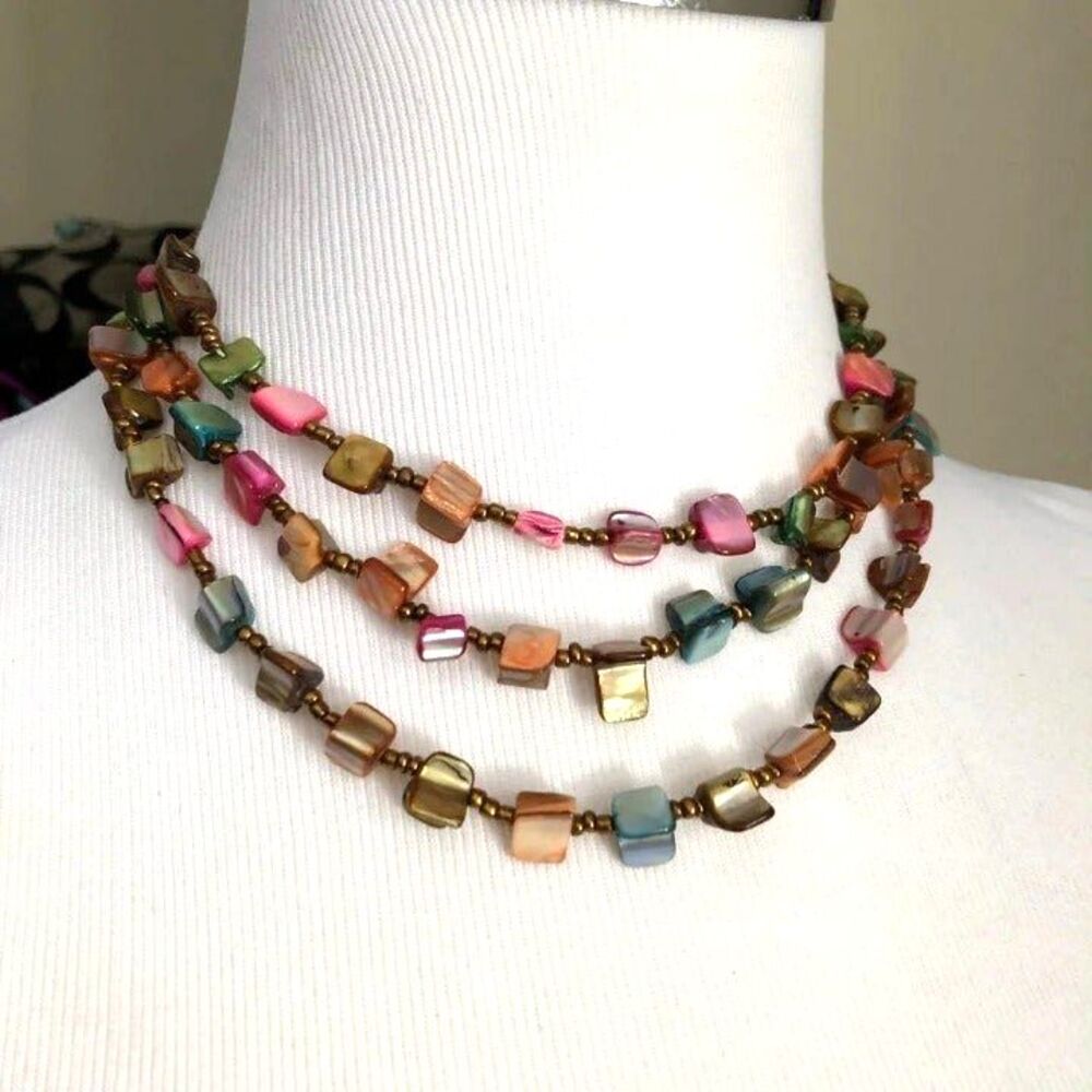 Layered Beaded Metallic Chip Stone Necklace